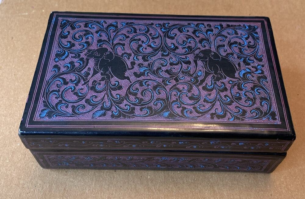 Burmese Laquerware Wooden Hinged Trinket Box Vintage Gloss Black Elephant Art